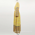 2020 Printed High Waist Dress Long Sleeve Yellow Boho Dresses For Women